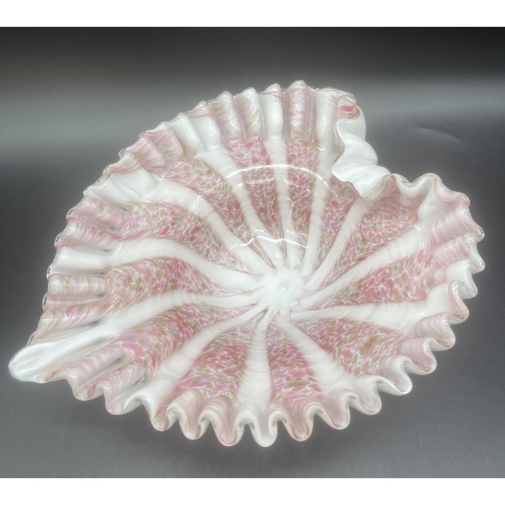 Vintage Pink Aventurine Heart Shaped Ruffled Art Glass Bowl White Milk Glass